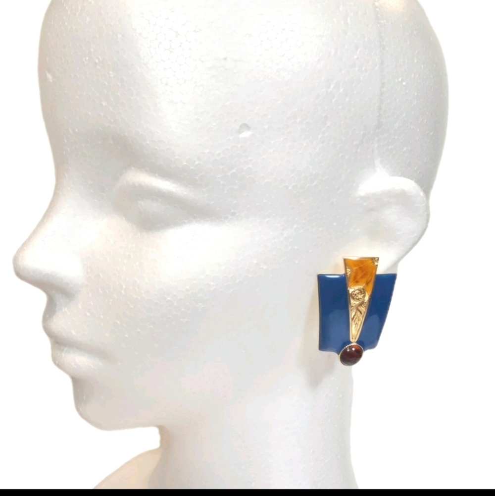 Moulin Rouge Art Deco Navy Blue Enamel Gold Tone Pierced Stud Vintage Earrings - Picture 5 of 10